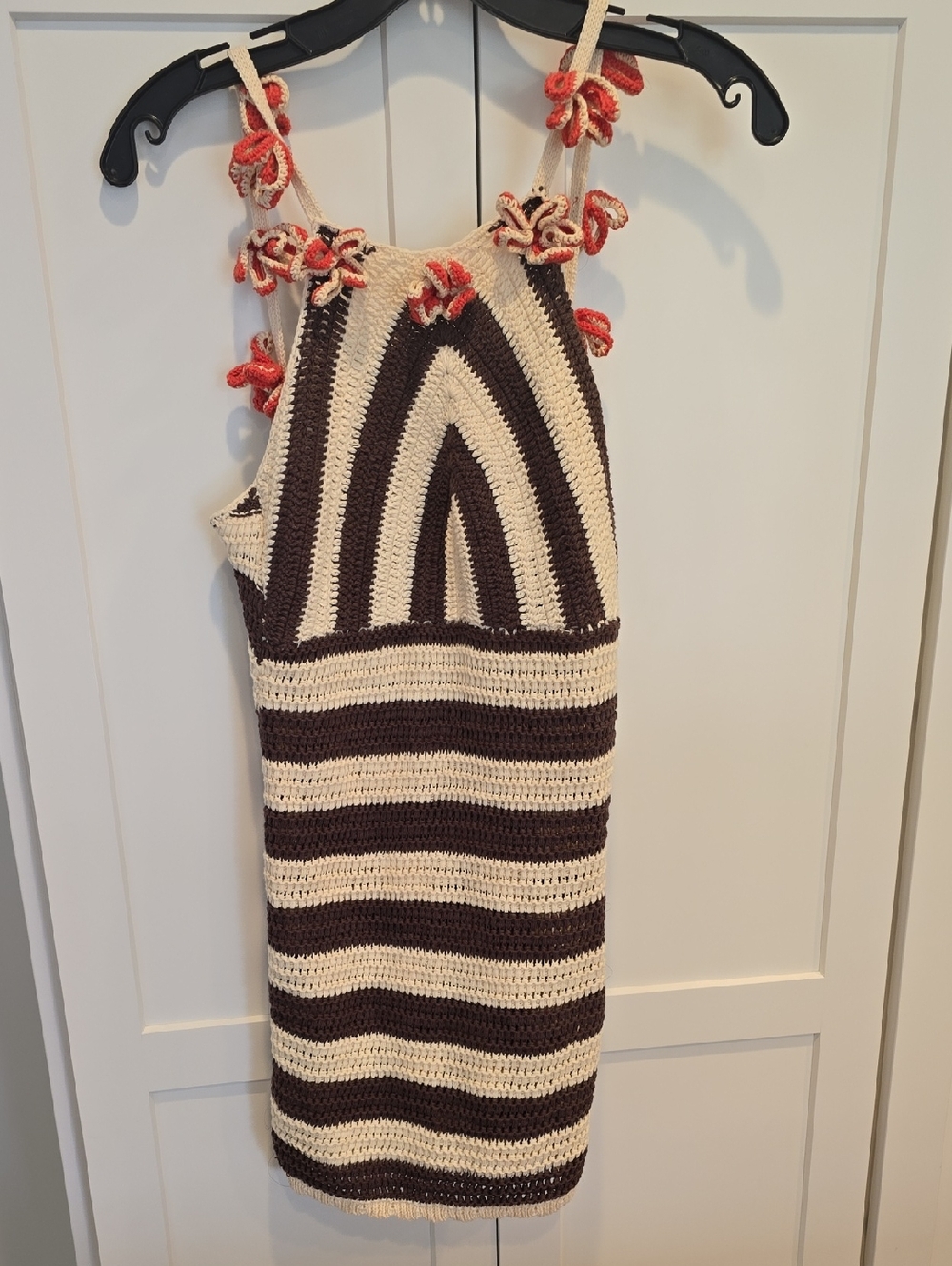 Handmade Cream and Brown Striped Crochet Dress with Coral Flower Straps